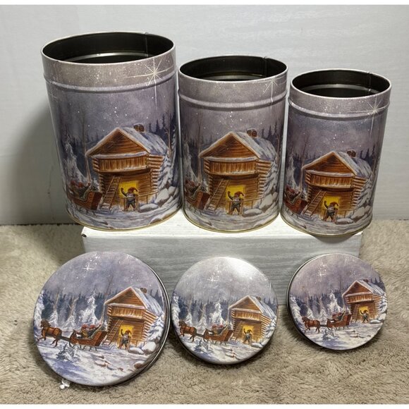 Winter Scene Decorative Nesting Tins With Lids Elfs Sleigh Cabin Set Of 3 - Picture 14 of 15